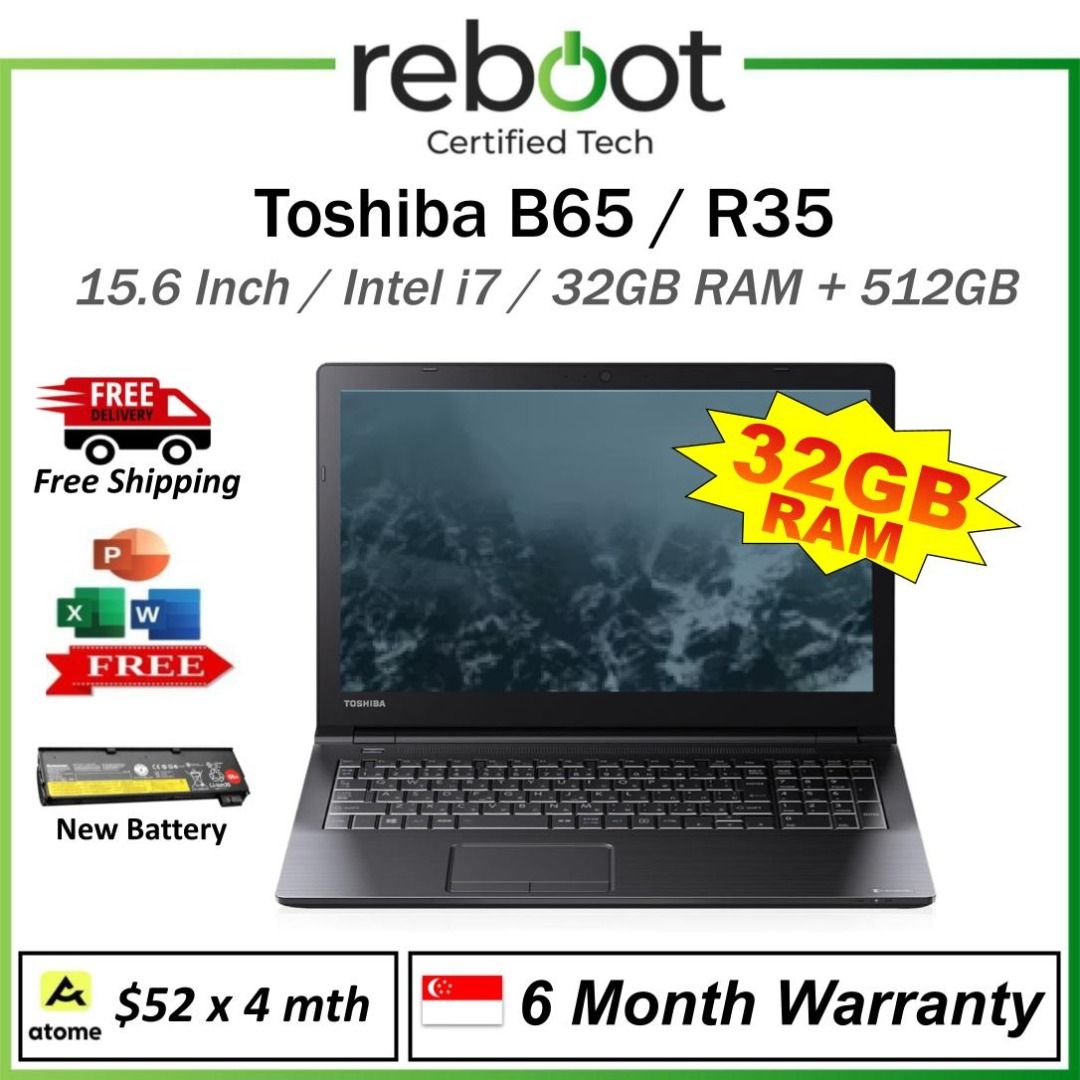 Toshiba B65 Laptop - 32GB RAM - 15.6 Inch - Up to 512GB SSD - Free MS Office + Free Windows 11 - Premium Feel - No Setup Needed - Sale!! - Instant Use - Buy Today! (Category: Laptops & Notebooks) located in Singapore. Submitted by buyatfuji (Listing ID 1373986078, Image 1). Description: Click here for more special deal !!!! https://www.carousell.sg/u/buyatfuji/ 👨‍🔧 FREE Additional 3 𝐌𝐨𝐧𝐭𝐡 𝐖𝐚𝐫𝐫𝐚𝐧𝐭𝐲 !! First 10 set only !!! 🎀𝐓𝐨𝐬�