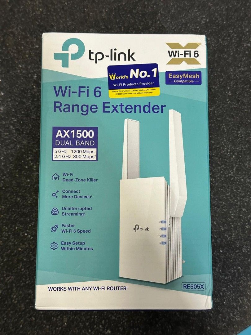 TP-Link Wifi Extender (Category: Networking) located in Singapore. Submitted by snope7 (Listing ID 1374106253, Image 1). Description: Selling a TP Link RE505X wifi extender, almost new as decided to upgrade to another model. What u see is actual condition 👍.
