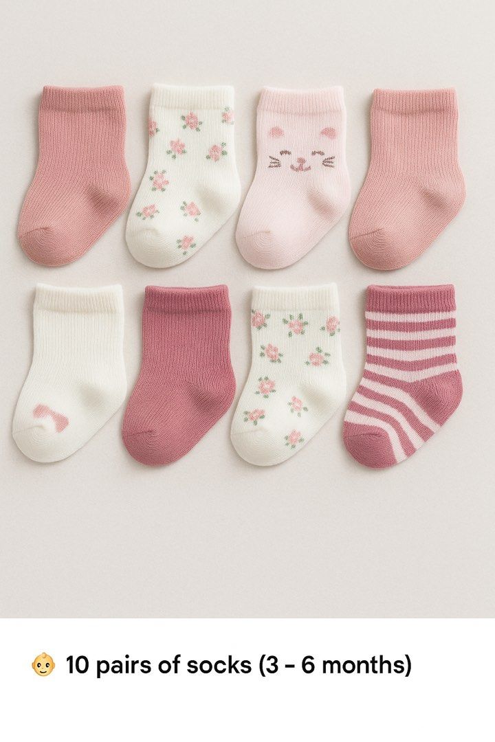 👶 Baby Girl Socks – 10 Pairs (Fits 3–6 Months) (Category: Babies & Kids Fashion) located in Singapore. Submitted by tinytots.rehome (Listing ID 1374305377, Image 1). Description: U.P. $7.60 Adorable and comfy baby girl socks – perfect for your little one aged 3 to 6 months! This bundle includes 10 pairs in soft pastel tones with cute designs like florals, stripes, hearts, and animal faces. Made of soft, stretchy material that stays snug and gent