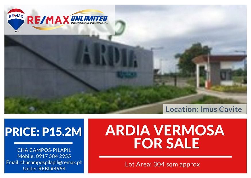 ARDIA Vermosa For Sale (Category: Lot) located in Makati City. Submitted by REMAXUNLIMITEDPH (Listing ID 1374146607, Image 1). Description: ARDIA VERMOSA DESCRIPTION: Location: Ardia Vermosa, Imus City, Cavite Lot area: 304 sqm Status: Ready to build lot Conveniently located close to the main gate. Short walk to the clubhouse for easy access to village amenities. Positioned facing east, the property is primed to capture abundant natural light and