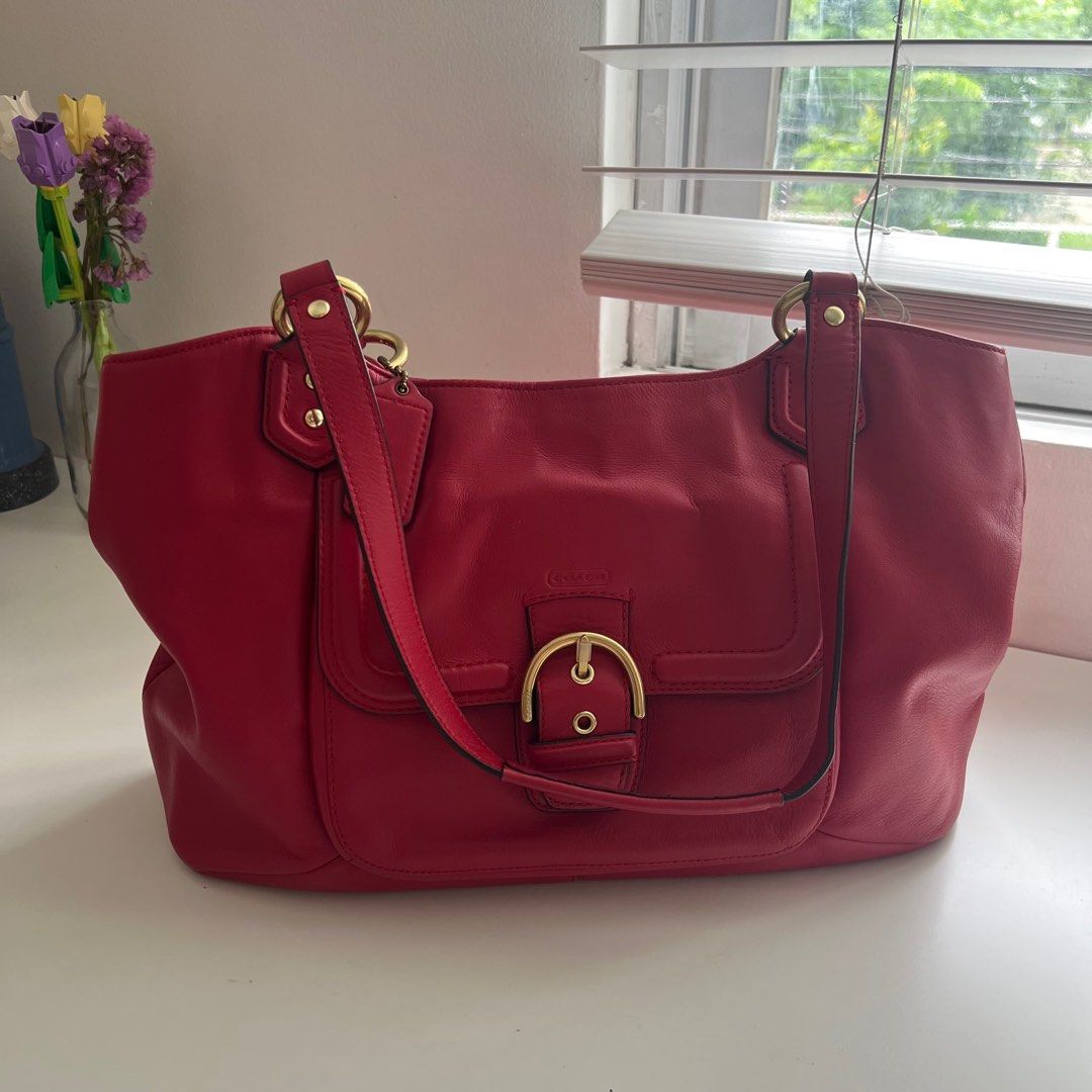 Coach Tote Campbell Leather in red (Category: Luxury Bags & Wallets) located in Pasig City. Submitted by emporium_mnl (Listing ID 1374229564, Image 2). Description: Ranking: 9 out of 10 Brand: Coach Flaw: Light scratch Can Fit a lot (Ipad Air for reference) *Can send measurements thru pm 100% Original From Coach store USA Slightly negotiable Shipping Fee shouldered by buyer No returns & No exchange once paid. .