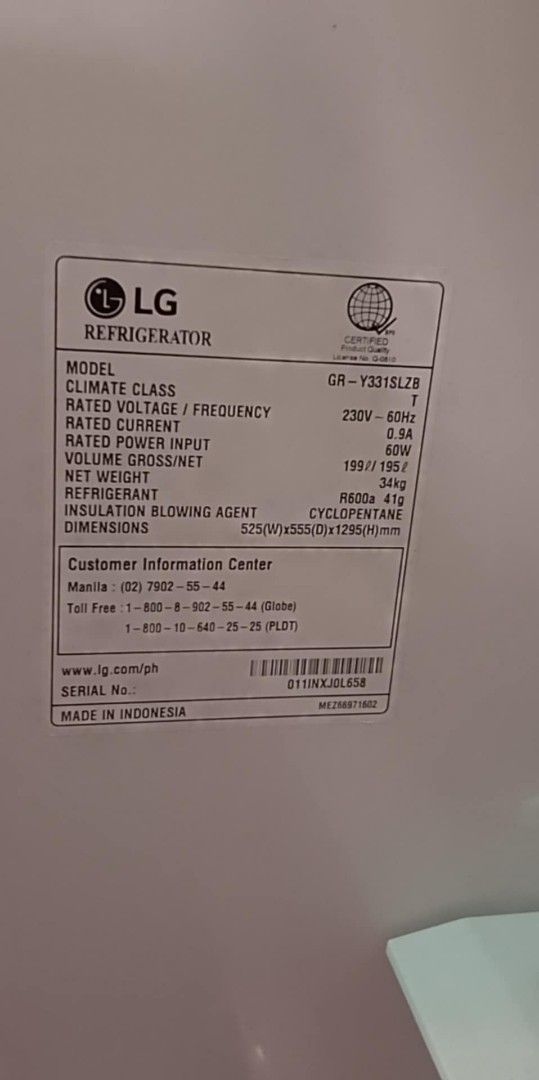 LG Ref Inverter (Category: Refrigerators and Freezers) located in Bacoor. Submitted by warmfish_2615f0 (Listing ID 1374166728, Image 2). Description: LG Ref inverter. Model is indicated sa picture. Free power up and freezing test before kunin. Cavite Area Issue: No Power. Kayo na lang po magpagawa. Can negotiate if sure buyer..