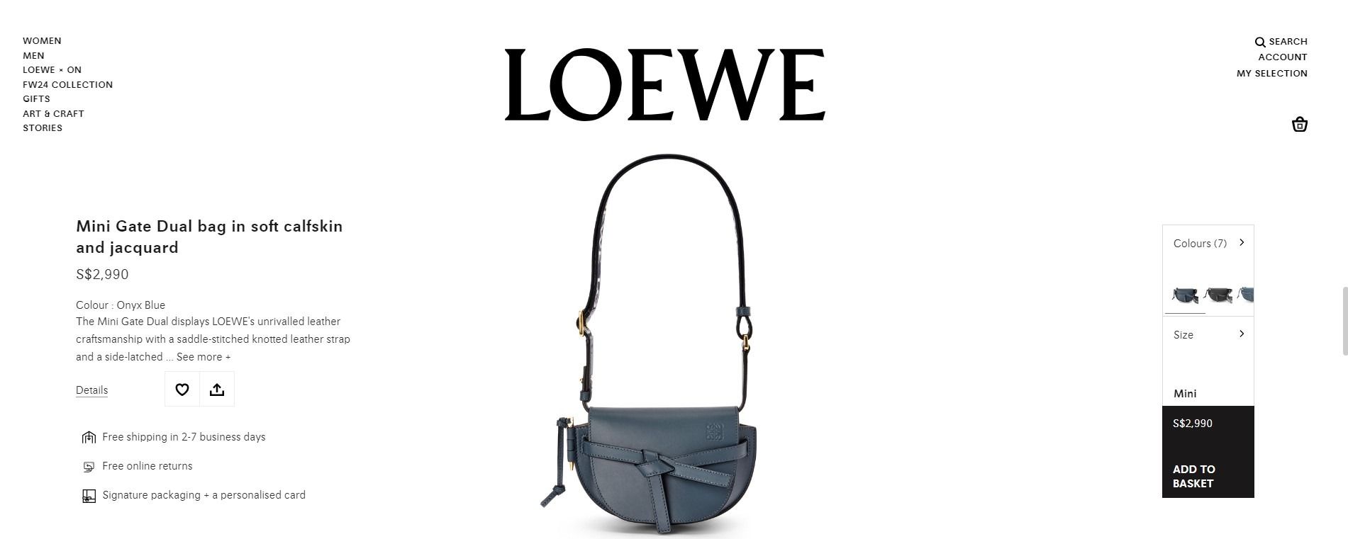 Loewe Mini Gate Dual Bag (Category: Bags & Wallets) located in Singapore. Submitted by papersparks (Listing ID 1374223137, Image 3). Description: Loewe Mini Gate Dual Bag RTP $2990 Onyx Blue Comes with jacquard strap Purchased in 2024 Have invoice to prove authenticity Excellent used condition Carried out < 5x Selling as under-utilised.