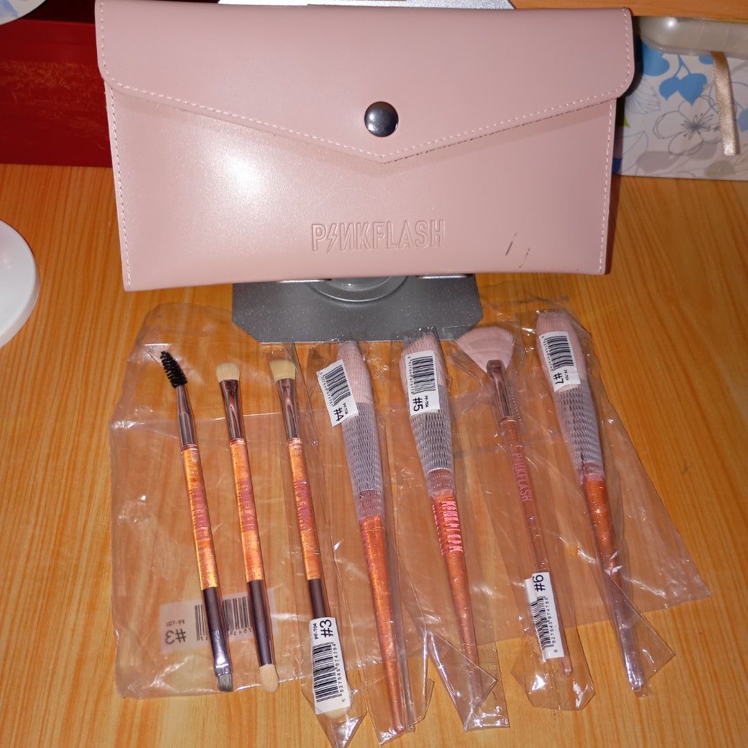 Makeup brushes tools and bag pink flash set (Category: Makeup) located in Quezon City. Submitted by an.marie (Listing ID 1374213528, Image 1). Description: Brandnew sealed #1 dual ended eyebrow brush #2 dual ended eyeshadow brush #3 eyeshadow/nose shadow brush #4 sector highlight brush #5 blush brush #6 angle shading brush #7 powder brush #8 bag.