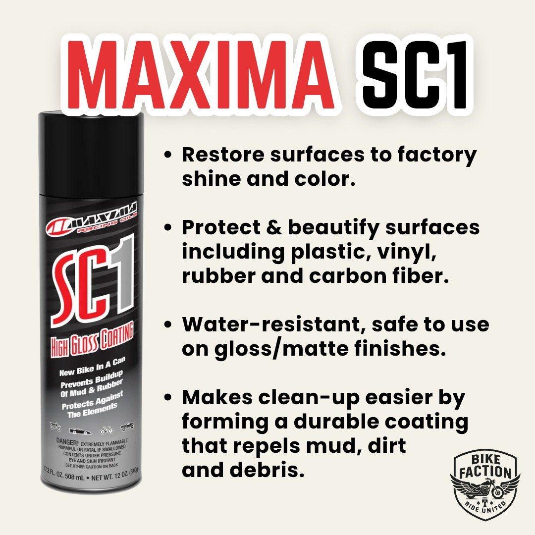 Maxima (Category: Motorcycle Accessories) located in Singapore. Submitted by bikefaction (Listing ID 1374296390, Image 1). Description: Maxima SC1 High Gloss Coating The original and unrivaled “New Bike in a Can”, SC1 truly restores that factory shine and lives up to the claim. SC1 high gloss coating is specifically formulated to protect and beautify multiple surfaces including plastic, vinyl, rubber and carbon fiber. Water-resistant formulation 