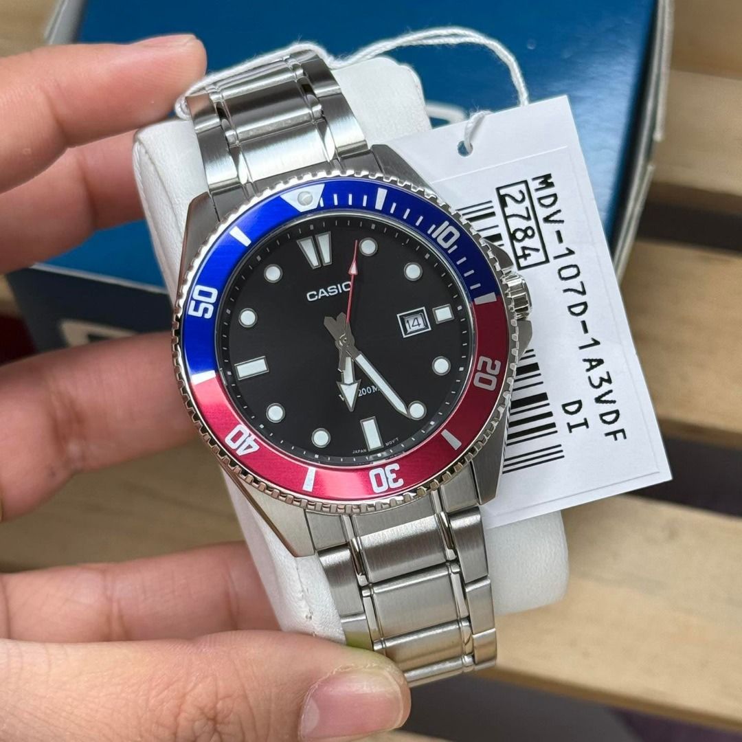 ORIGINAL CASIO DIVERS "PEPSI" WATCH (Category: Men's Watches) located in Manila. Submitted by leilarin28 (Listing ID 1374264300, Image 1). Description: C ASIO DIVERS "PEPSI" MDV-107D-1A3V PHP: 4,900 ONLY 101% ORIGINAL 📍SPECS AND FEATURES • Case Size (L×W×T): 49.5×44.2×12.1mm • Triple-fold Clasp Stainless Steel Strap • Anti-Reverse Bezel • Mineral Glass • 200M Water Resistance money back if fake Disclaimer: We are not affiliated with any of the b