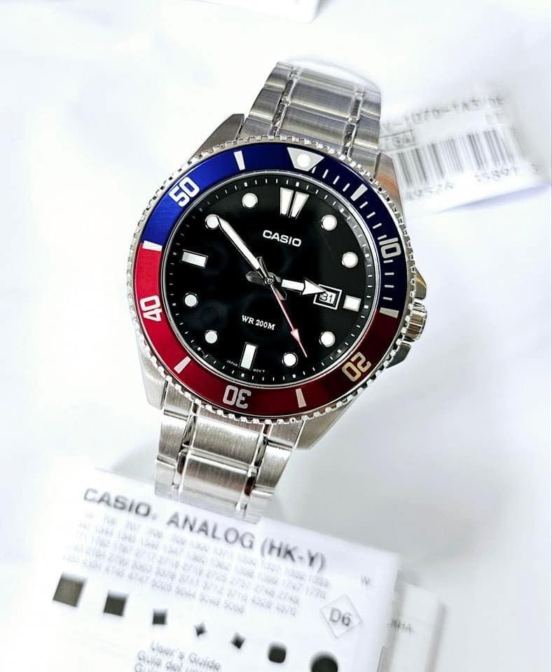 ORIGINAL CASIO DIVERS "PEPSI" WATCH (Category: Men's Watches) located in Manila. Submitted by leilarin28 (Listing ID 1374264300, Image 2). Description: C ASIO DIVERS "PEPSI" MDV-107D-1A3V PHP: 4,900 ONLY 101% ORIGINAL 📍SPECS AND FEATURES • Case Size (L×W×T): 49.5×44.2×12.1mm • Triple-fold Clasp Stainless Steel Strap • Anti-Reverse Bezel • Mineral Glass • 200M Water Resistance money back if fake Disclaimer: We are not affiliated with any of the b