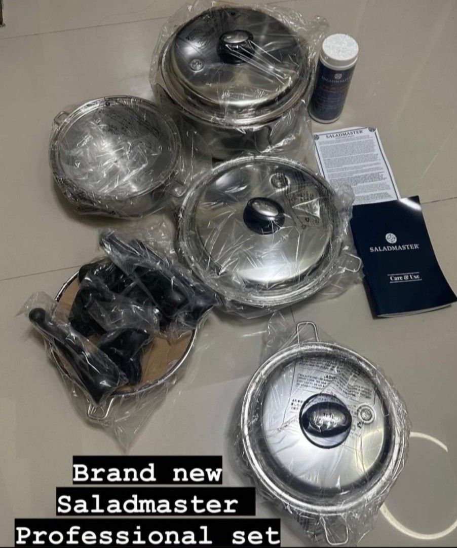 Saladmaster Professional Set (Category: Cookware & Accessories) located in Pasig City. Submitted by authentictin (Listing ID 1251282168, Image 2). Description: AVAILABLE Nov 2025 brand new complete can do meet up for sure buyer Professional Set Set includes: 1 Qt. (.9L) Sauce Pan with Cover, 3 Qt. (2.8L) Sauce Pan with Cover, 3 Qt. (1.8L) Perforated Basket, 7 Qt. (6.6L) Roaster with Cover, 9 in. (22.9cm) Skillet with Cover, 11 in. (27.9cm) Skille