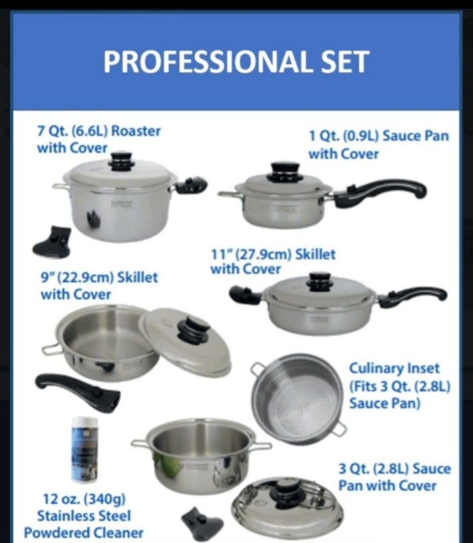 Saladmaster Professional Set (Category: Cookware & Accessories) located in Pasig City. Submitted by authentictin (Listing ID 1251282168, Image 1). Description: AVAILABLE Nov 2025 brand new complete can do meet up for sure buyer Professional Set Set includes: 1 Qt. (.9L) Sauce Pan with Cover, 3 Qt. (2.8L) Sauce Pan with Cover, 3 Qt. (1.8L) Perforated Basket, 7 Qt. (6.6L) Roaster with Cover, 9 in. (22.9cm) Skillet with Cover, 11 in. (27.9cm) Skille