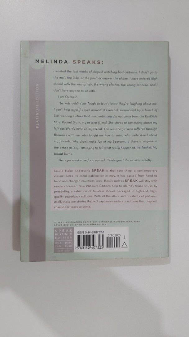 Speak by Laurie Halse Anderson (Category: Storybooks) located in Taguig. Submitted by danilc (Listing ID 1374199877, Image 2). Description: Speak by Laurie Halse Anderson Well used Yellowing and staining on pages (mostly on front and back covers- see pictures) Minimal small scratches No page tears RFS: Decluttering Area: BGC, Taguig City No meet-ups Shipping fee shouldered by buyer (Grab/ lalamove/ LBC) Payment: Gcash/Maya :).
