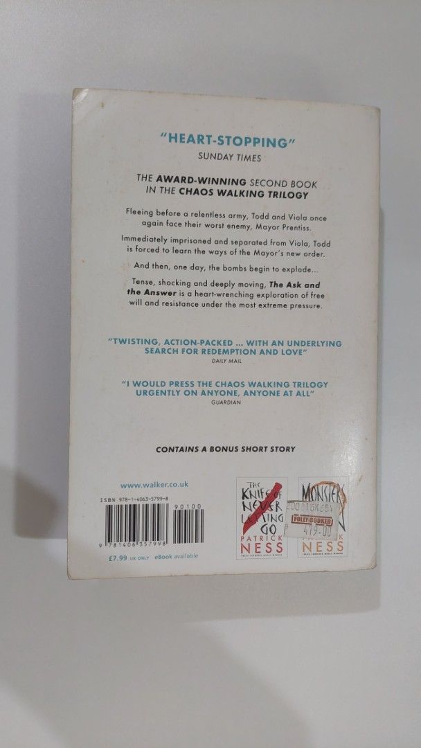 The Ask and the Answer by Patrick Ness (Category: Storybooks) located in Taguig. Submitted by danilc (Listing ID 1374201661, Image 2). Description: The Ask and the Answer by Patrick Ness Well used Yellowing and stains on pages (mostly front and back first pages - see pictures) Minimal small scratches No page tears RFS: Decluttering Area: BGC, Taguig City No meet-ups Shipping fee shouldered by buyer (Grab/ lalamove/ LBC) Payment: Gcash/Maya :).
