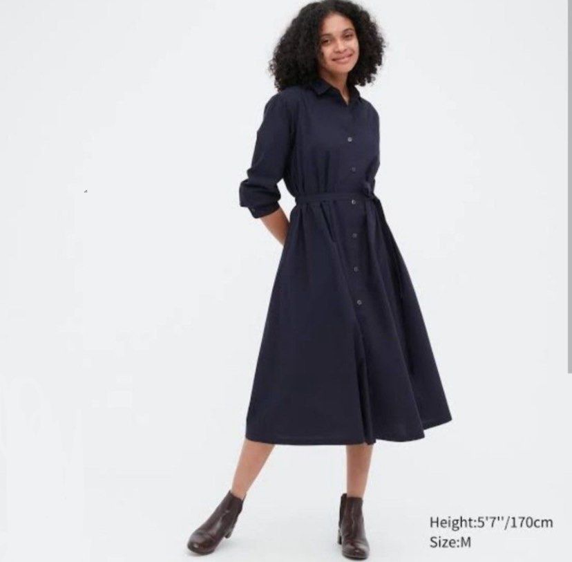 Uniqlo dress (Category: Dresses) located in Kabankalan. Submitted by stylesavy (Listing ID 1374144894, Image 1). Description: Uniqlo Dress long sleeve cotton small on tag waist line 28" length 41" navy blue issue: Belt not included excellent condition.