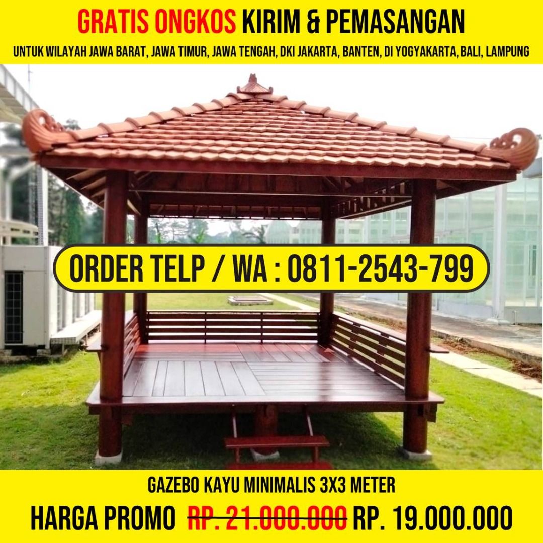 WA : 0811-2543-799, Gazebo Unik Minimalis Modern 3x3 Atap Genteng Sirap, Bondowoso (Kategori: Furnitur Antik) berada di Jakarta Barat. Dikirim oleh aminazaqli82439 (ID iklan 1374144621, Gambar 3). Deskripsi: HP/WA: 0811-2543-799, Kami Adalah Produsen Gazebo Kayu, Rumah Kayu, Gazebo Minimalis, Rumah Kayu Minimalis, Gazebo Murah, Rumah Kayu Modern, Gazebo Taman, Gazebo Jepara, Gazebo Gardens, Rumah Kayu Knockdown. Detail Produk : * Bahan Kayu Berku