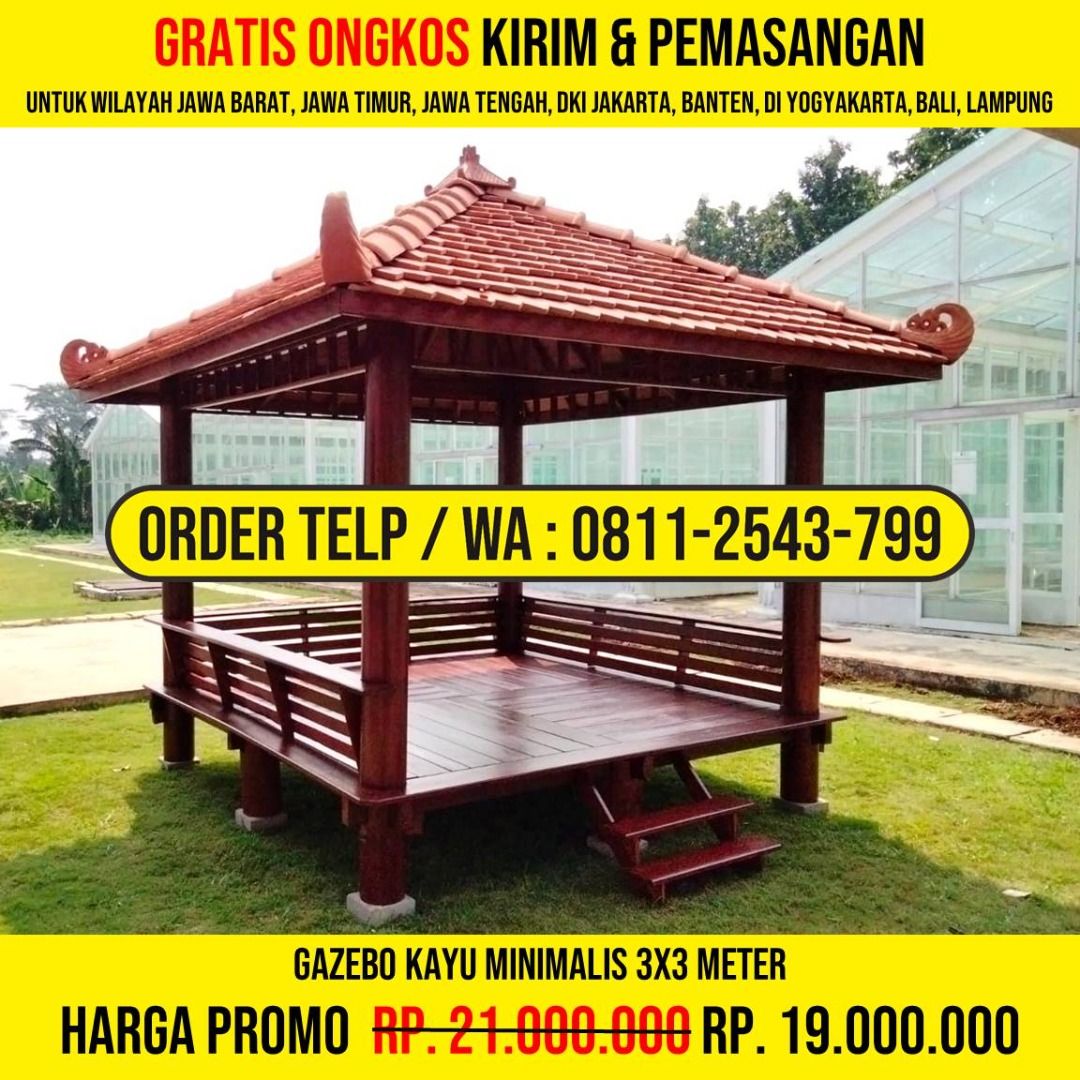 WA : 0811-2543-799, Gazebo Unik Minimalis Modern 3x3 Atap Genteng Sirap, Bondowoso (Kategori: Furnitur Antik) berada di Jakarta Barat. Dikirim oleh aminazaqli82439 (ID iklan 1374144621, Gambar 2). Deskripsi: HP/WA: 0811-2543-799, Kami Adalah Produsen Gazebo Kayu, Rumah Kayu, Gazebo Minimalis, Rumah Kayu Minimalis, Gazebo Murah, Rumah Kayu Modern, Gazebo Taman, Gazebo Jepara, Gazebo Gardens, Rumah Kayu Knockdown. Detail Produk : * Bahan Kayu Berku