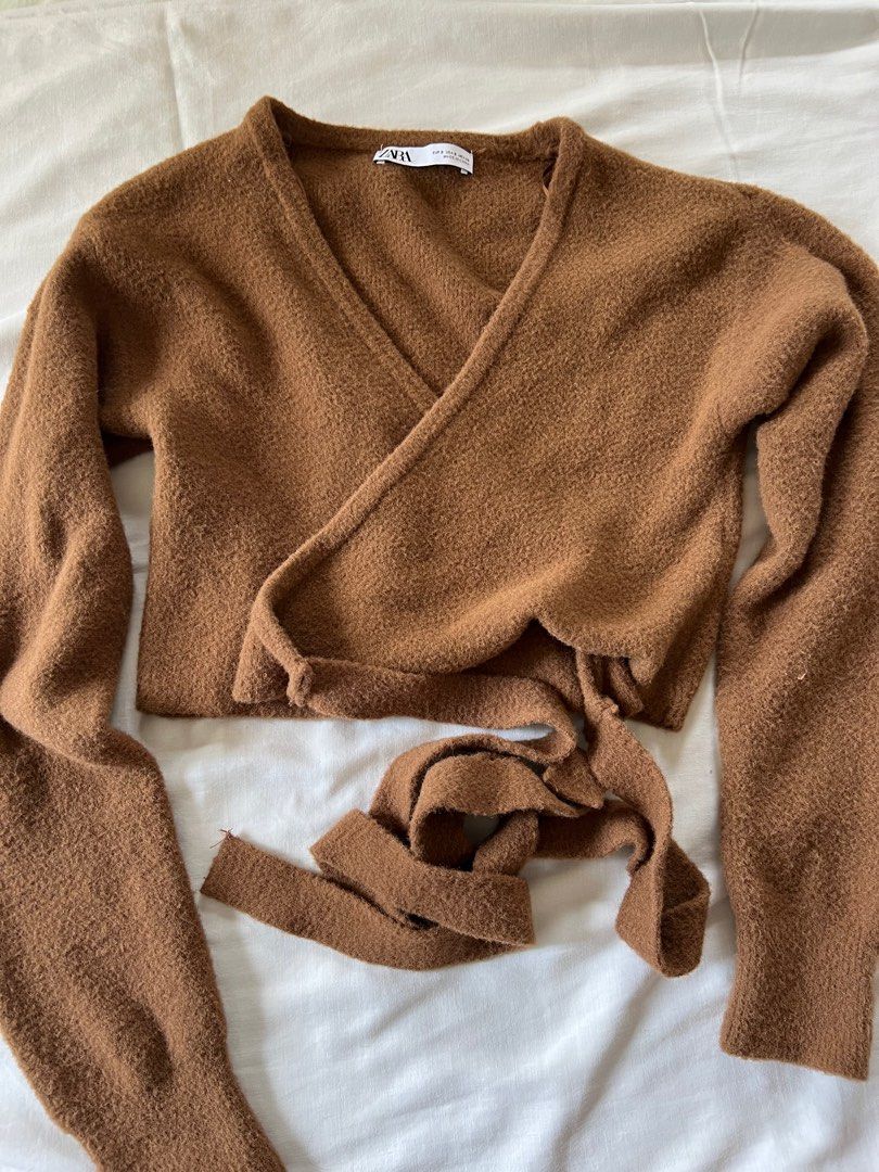 ZARA brown knit wrap cardigan (Category: Coats, Jackets and Outerwear) located in Manila. Submitted by outofstoragee (Listing ID 1374164523, Image 3). Description: used once! so cute when worn! .