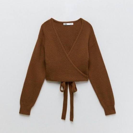 ZARA brown knit wrap cardigan (Category: Coats, Jackets and Outerwear) located in Manila. Submitted by outofstoragee (Listing ID 1374164523, Image 1). Description: used once! so cute when worn! .