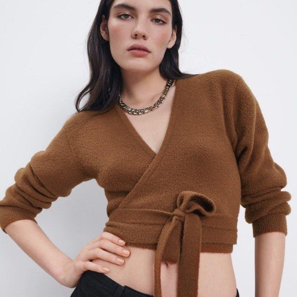 ZARA brown knit wrap cardigan (Category: Coats, Jackets and Outerwear) located in Manila. Submitted by outofstoragee (Listing ID 1374164523, Image 2). Description: used once! so cute when worn! .
