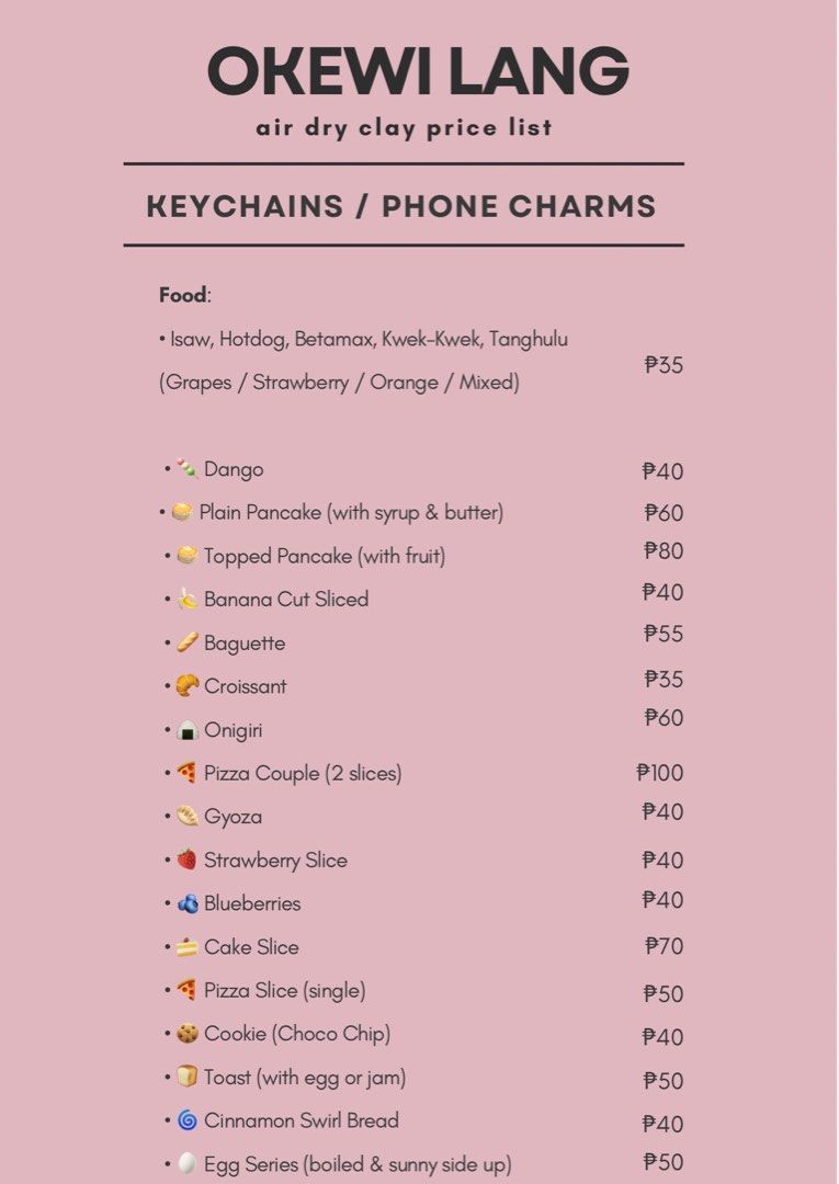 Air Dry Clay Keychains/Phone Charms/ etc (Category: Handmade Craft) located in Cavite. Submitted by heyitsmork (Listing ID 1374366720, Image 2). Description: 🧷 okewi lang — Handmade Air-Dry Clay Crafts Cute, collectible, and crafted with love! 🍡 Keychains | 🎨 Pins | 🕯️ Lighter Cases | 🪞 Trinket Dishes | 🏡 Home Displays Each piece is handmade using air-dry clay — perfect for gifts, collections, and custom ideas! Shop from a wide variety of f