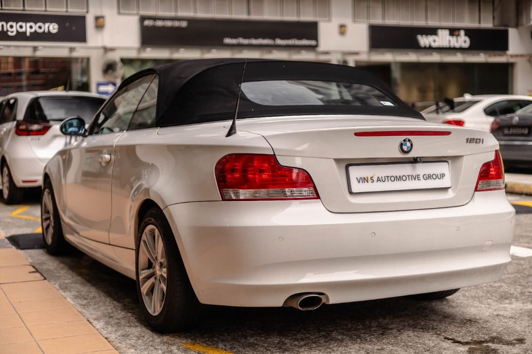 BMW 1 Series 120i Cabriolet (Category: Used Cars) located in Singapore. Submitted by vinsautogroup (Listing ID 1374376699, Image 3). Description: Vehicle Features Consignment Unit. Powered By 2.0L Inline 4 Engine Producing 154bhp, 210m Torque Mated To 6 Speed Auto Transmission, RWD, SRS Airbags. Accessories Auto Bi-Xenon Lights. Auto Rain Sensing Wipers. Electric Memory Seats. Electric Lumbar Support/adjustment Seats. Remote Boot Release. Parking