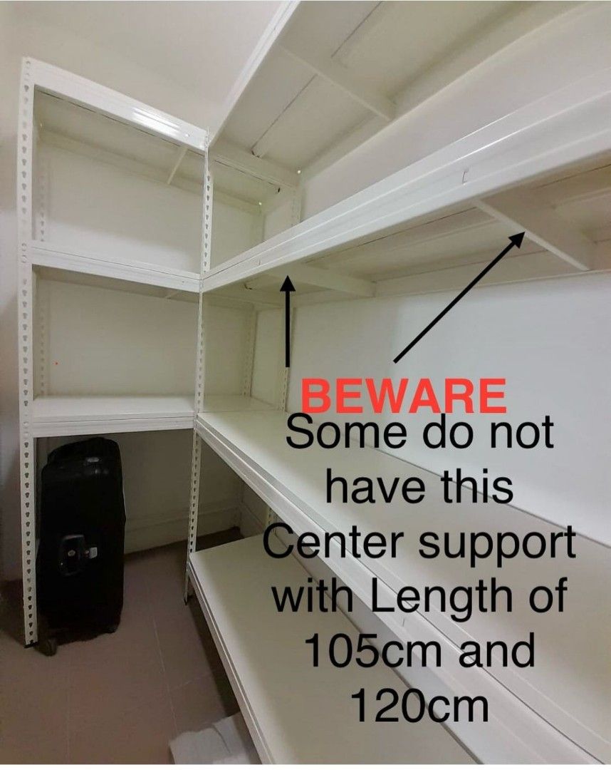 Boltless Rack Knowledge Sharing (Category: Shelves, Cabinets & Racks) located in Singapore. Submitted by starracking (Listing ID 1374330148, Image 1). Description: BEWARE: Ask your vendor does it comes with these Center Support ? Some do not have this piece of center support at Length of 105cm and 120cm This Center support is extremely important when loading heavy items at the center portion of the shelves as it prevent the shelves from wrapping.