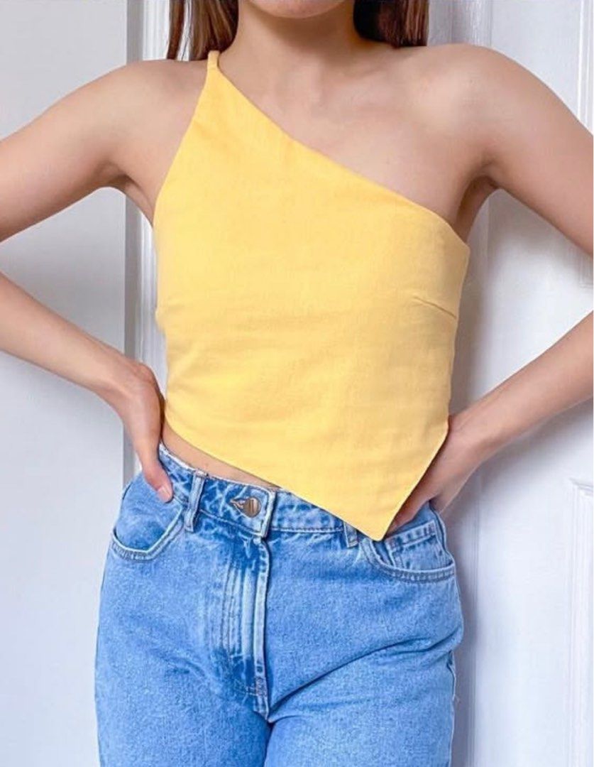 One Shoulder Asymmetrical Linen Top in Yellow (Category: Sleeveless) located in Quezon City. Submitted by __closet.cleanup (Listing ID 1374371100, Image 1). Description: I can send actual photos if needed! Condition: Like New / Worn Once Size: XS (see size chart) Details: One Shoulder Asymmetrical Linen Top in Yellow, Original Price is 650.