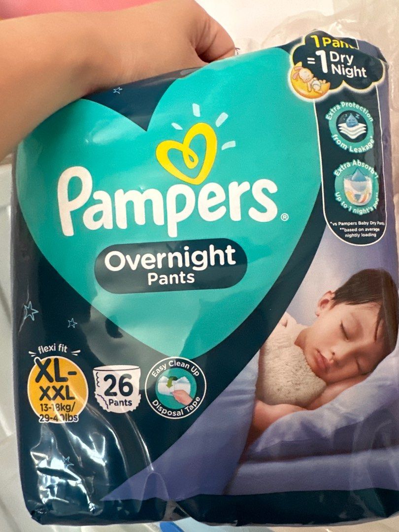 Pampers overnight (XL: 26 x 4 packs) (Category: Diapers & Baby Wipes) located in Singapore. Submitted by amber.t (Listing ID 1374420378, Image 3). Description: Brand new 26s X 4 packs .