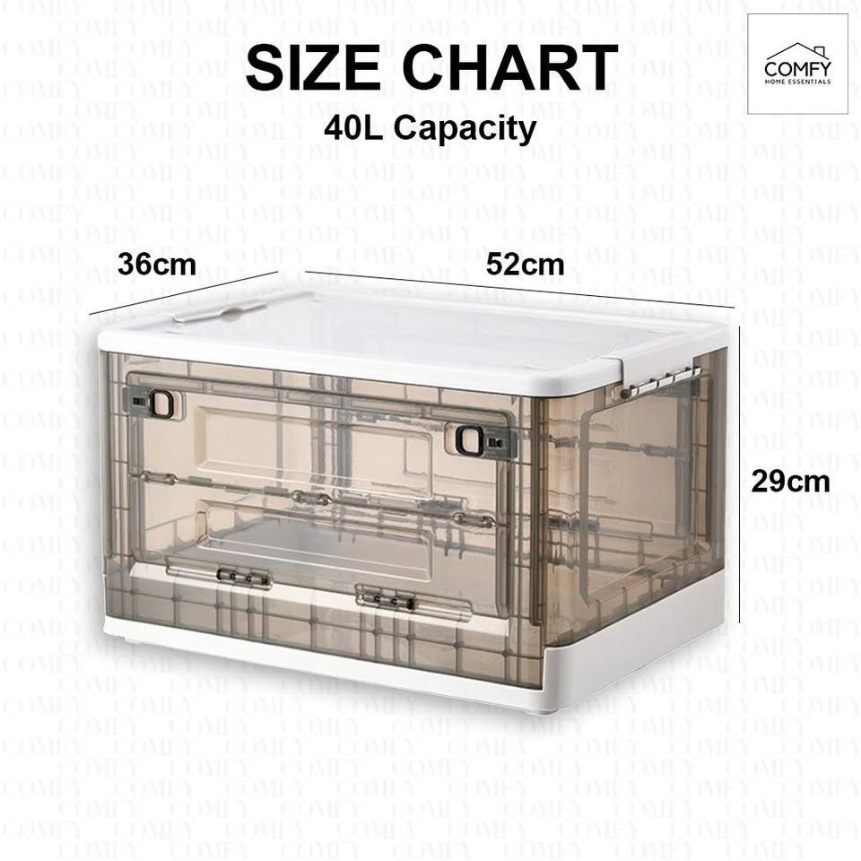PRODUCT NAME: Stackable and Foldable Storage Box (Category: Storage Boxes & Baskets) located in Valenzuela. Submitted by comfyhomeessentials (Listing ID 1374327720, Image 2). Description: PRODUCT NAME: Stackable and Foldable Storage Box QUANTITY: 1set Material: Plastic Size: 40L Capacity Color: White/Gray/Blue Length: 52cm Width: 36cm Height: 36cm.
