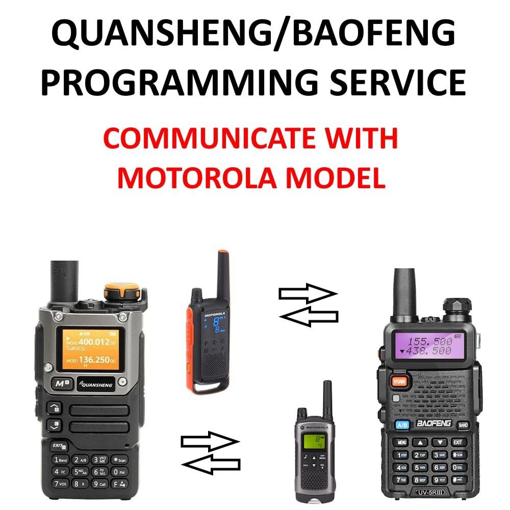 Walkie Talkie Programming (Quansheng, Baofeng) Talk with Motorola Models (Category: Walkie-Talkie) located in Singapore. Submitted by survivoreq (Listing ID 1374442835, Image 1). Description: PROGRAMMING SERVICE FOR QUANSHENG AND BAOFENG. PROGRAMMING ONLY - $50/per Walkie Talkie NEW WALKIE + PROGRAMMNG - PM for QUOTE and more DETAILS. PROGRAMMING TO COMMUNICATE WITH MOTOROLA CHANNEL MODELS. TAGS MOTOROLA | BAOFENG | QUANSHENG| WALKIE TALKIE | CHA