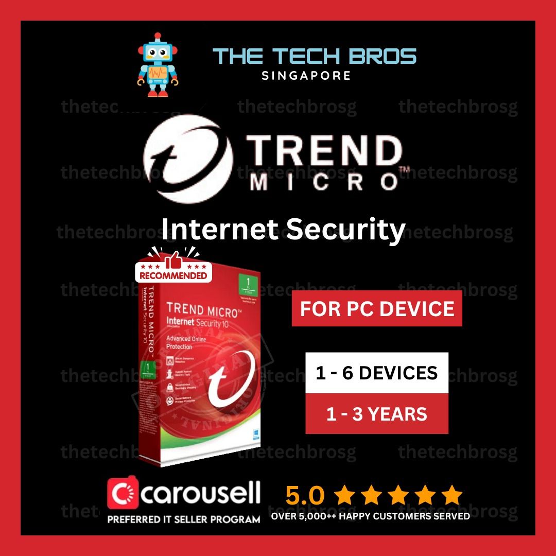 ⭐ Original Trend Micro Internet Security Antivirus Software for Windows & MacOS | 1-6 Devices 1-3 years ⭐[Thetechbrosg] (Category: Software) located in Singapore. Submitted by thetechbrosg (Listing ID 1374582718, Image 1). Description: 🔥 ABOUT TREND MICRO 🔥 Award-winning* protection. Trusted by millions. Protection against ever-evolving threats Using advanced AI learning, Trend Micro stops ransomware so you can enjoy your digital life safely. I