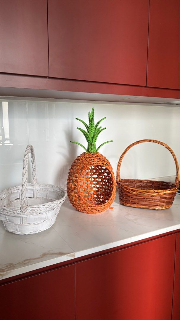 Assorted baskets (Category: Storage Boxes & Baskets) located in Singapore. Submitted by fionftch (Listing ID 1374546554, Image 1). Description: Brown: $5 White: $5 Pineapple: $10 Self collect at 828799.
