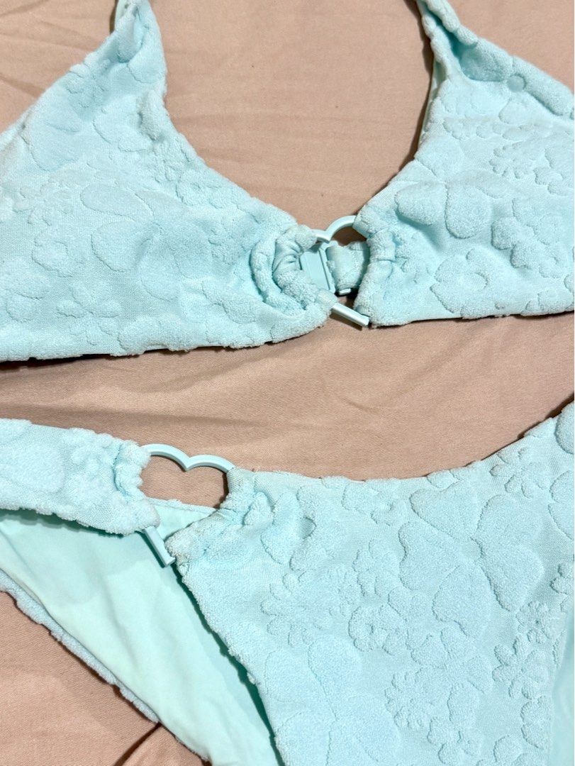 Blackbough Sugar Jacquard Light Blue Heart Bikini (Category: Bikinis & Swimsuits) located in Pasig City. Submitted by franny_b (Listing ID 1374528737, Image 2). Description: one of my faves! used a few times thea top (M) + asymmetrical tease bottoms (S) really good quality, flattering! super discounted, still selling on zalora for 3k+ i’m a size 32B, 25 waist rfs: too many bikinis.