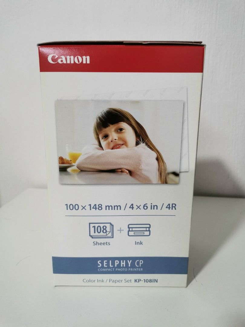 Canon photo paper + ink (4R) KP-108IN SELPHY (Category: Printers, Scanners & Copiers) located in Singapore. Submitted by tylerhuang (Listing ID 1374633212, Image 1). Description: The KP-108IN Color Ink and Paper Set from Canon is a special package that includes both paper and ink. Use this special kit to economically print up to 108 color photos in the 4 x 6" size. 1 box comes with 108 color photo paper + 3 color ink cartridges (for 108 prints) C