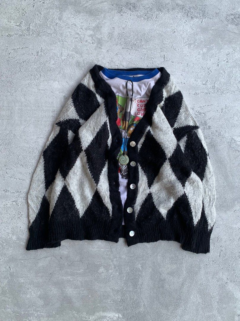 Cardigan knitwear vintage mohair fuzzy argyle patterned grandpa sweater  jumpers by Jeanasis