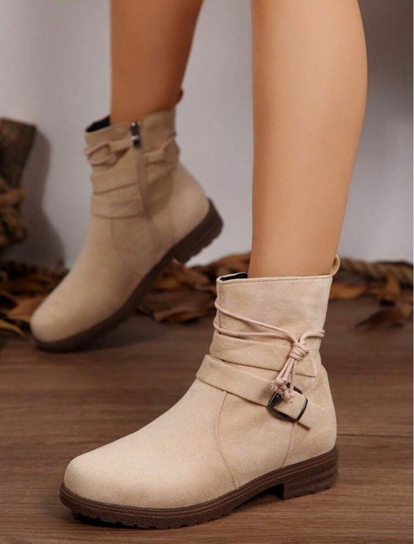 (EUR39) LOW HEEL ROUND TOE MATTE BOOTS (Category: Boots) located in Mandaluyong City. Submitted by shiawasemiseshoppe (Listing ID 1374621257, Image 1). Description: ‼️ PLEASE READ FIRST ‼️ • Brand: S h e i n • Size: EURO39 (I do have a wide feet and this boots fits well on me.) • Color: Beige only (as shown in the photo) • Condition: Like New! (Used only ONCE and I don’t think that I’ll wear this again.) • Comfy to wear but not for long walks. No