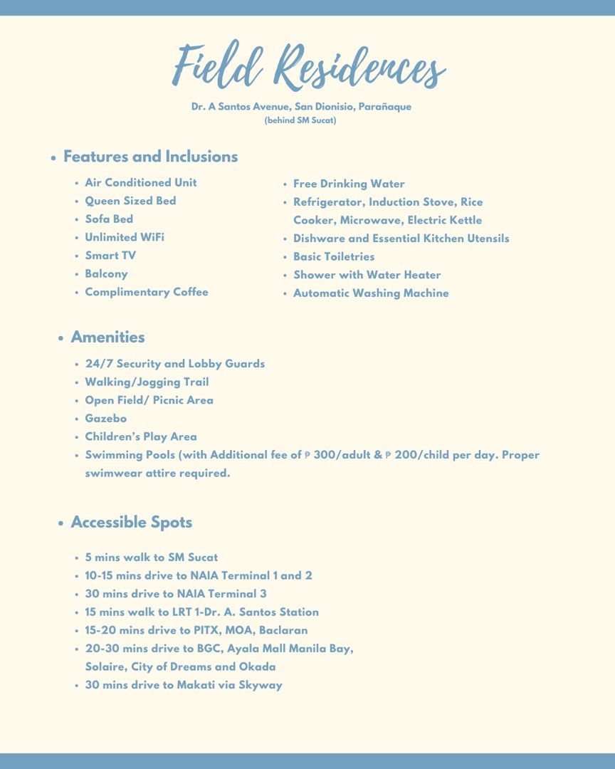 FIELD RESIDENCES STAYCATION (Category: Apartments & Condos) located in Paranaque City. Submitted by chin.declutters (Listing ID 1313768408, Image 3). Description: FIELD RESIDENCES BUILDING 4 1 Bedroom w/ Balcony, Fully furnished Walking distance to SM City Sucat Available ATM (BDO) located in Bldg. 8 With 24/7 Security Shuttle services Amenity Features: Badminton Court Children’s Playground / Open Field Oval for running/jogging Adult Swimming Poo