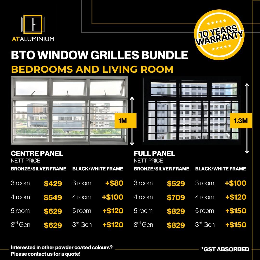 [MID YEAR SALE] BTO Aluminium Windows Grilles / HDB Resale (Category: Aluminium Work) located in Singapore. Submitted by ataluminiumpteltd (Listing ID 1199059813, Image 1). Description: 𝐆𝐒𝐓 𝐀𝐁𝐒𝐎𝐑𝐁𝐄𝐃 🏡✨ Hunting for the perfect window grilles for your BTO? Look no further! Safety meets style with our latest promotion – crafted just for homeowners like you! For a limited time only, enjoy exclusive deals on sleek, secure, and stylish wind