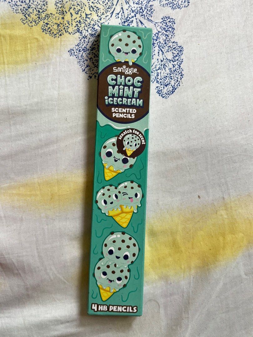 Smiggle Choco Mint Ice Cream Scented Pencils (Category: Stationery & School Supplies) located in Cabatuan. Submitted by desrceio (Listing ID 1374547904, Image 1). Description: Bought for 280 OG, From Singapore 🍫🍵 4 Pieces of scented pencils in one box Payment is thru Gcash only😊.