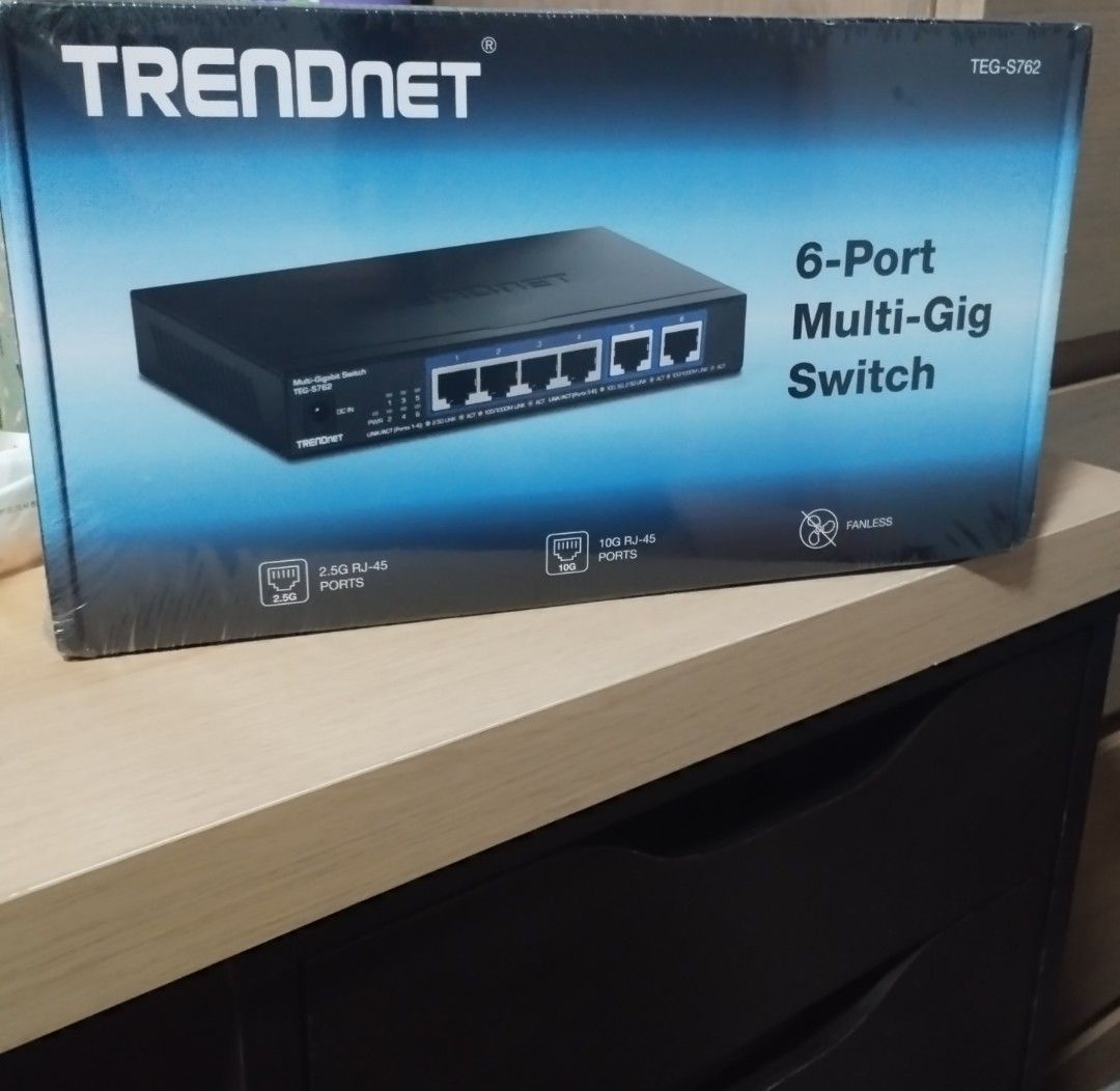 Trendnet TEG-S762 6-Port Multi-Gig Switch (Category: Networking) located in Singapore. Submitted by mellisakwek.1 (Listing ID 1374662597, Image 1). Description: Trendnet TEG-S762 6-Port Multi-Gigabit Switch. Features 2x 2.5GbE RJ45 ports and 4x 1GbE RJ45 ports. Fanless design for quiet operation. Still in original packaging. Grab this reliable switch for your home or office network! BNIB unopened.