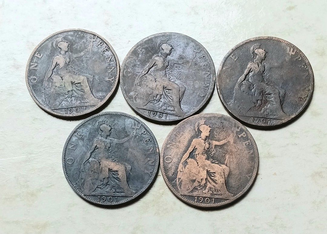 英國1901年1便士硬幣共5枚（品相實物如圖）, 興趣及遊戲, 收藏品及紀念品, 錢幣- Carousell