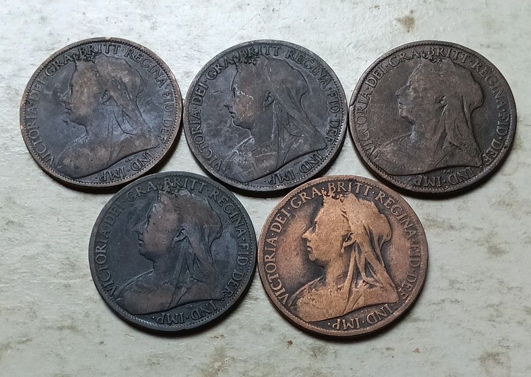 英國1901年1便士硬幣共5枚（品相實物如圖）, 興趣及遊戲, 收藏品及紀念品, 錢幣- Carousell