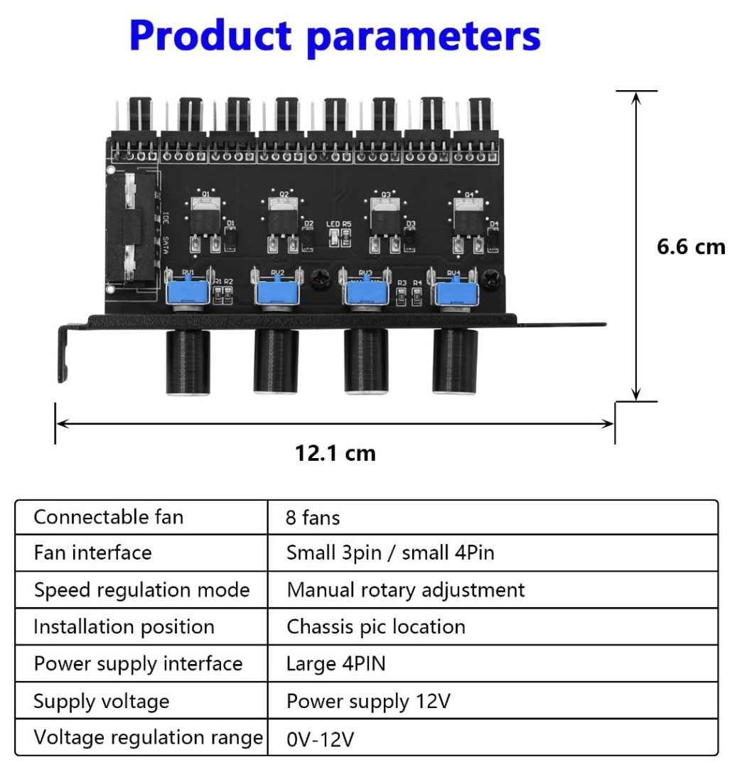 8-Way PC Fan Speed Controllers_3 units bundle up. (Category: Computer Parts) located in Singapore. Submitted by youmie (Listing ID 1374698770, Image 3). Description: Feature: Universal: Widely used for PC computer water cooling system, easy to install. This Speed Controller adopts brand new materials, with low loss and low heat. The precision adjustable resistance has high accuracy and excellent performance, and the speed can be adjusted at will.