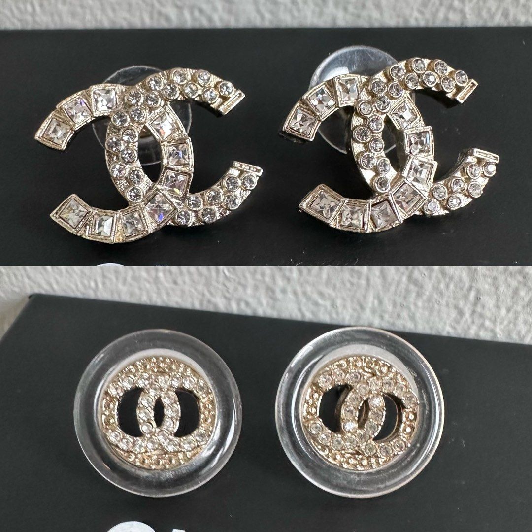 Authentic Chanel Classic Earrings CC logo / Round CC logo (Category: Accessories) located in Singapore. Submitted by 31ruecambon_ (Listing ID 1374813753, Image 1). Description: Both in light gold hardware. Just brought for cleaning, crystals are very shiny ✨ $480 EACH pair 1st pair of CC logo earrings are medium sized, not small type .