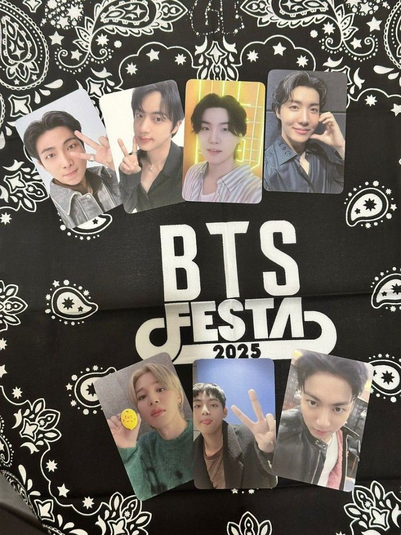 BTS 2025 FESTA ARMYZONE PC (Category: K-Wave Merchandise) located in Iloilo. Submitted by suejukoollects (Listing ID 1374862103, Image 1). Description: PTPA WTS LFB BTS BTS FESTA ARMYZONE PHOTOCARDS —1900 each BANDANA — 500 ‼️tingi but all must be taken to proceed‼️ — DOP (500 nrdp required/ bal once onhand) — onhand by end of June — sure buyer lang please —can be sold as set. message me for a set price ** photo for reference only**.