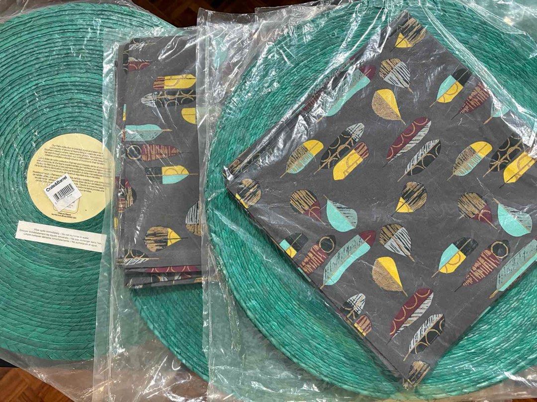 CRATE & BARREL Placemat/Napkin (Category: Towels, Napkins & Holders) located in Quezon City. Submitted by SimplyReV (Listing ID 1374699280, Image 1). Description: CRATE & BARREL Set of 4pcs round placemat and 4pcs printed napkin 4 sets available ₱ 1,200 per set.