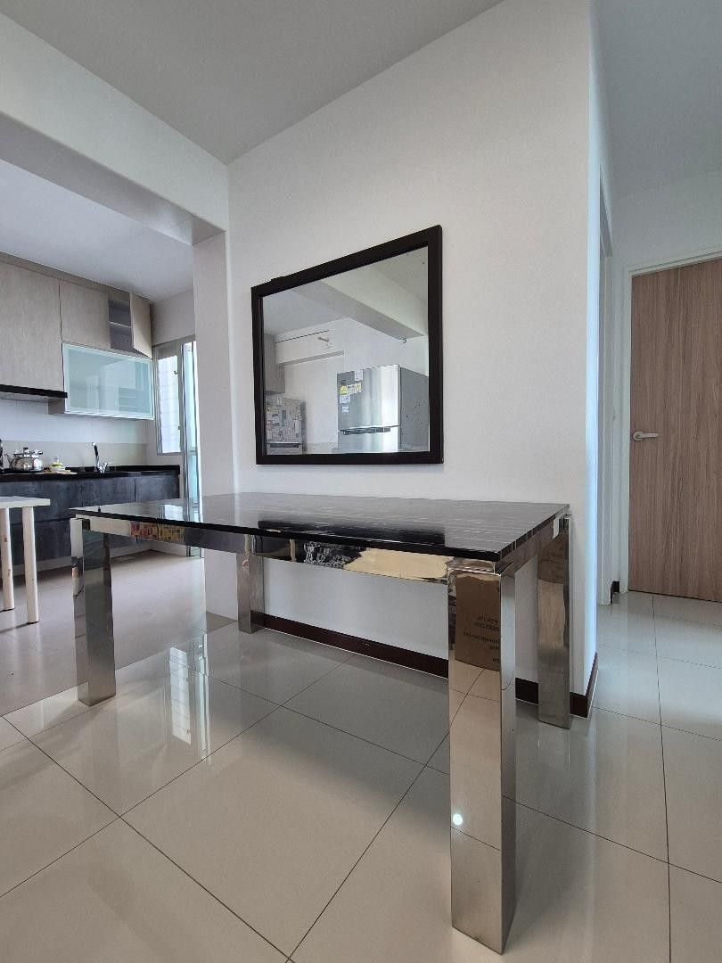 Dining Table (Category: Tables & Sets) located in Singapore. Submitted by bloodsugarsexmagik (Listing ID 1374753681, Image 1). Description: Selling: quartz stone table with chrome steel base Size: 165cm L × 90cm W x 76cm H Please arrange your own transport and movers. I think the table can be dismantled (c/o buyer). With some surface scratches and glue marks. Other than that the base is still very shiny and minimal touch up if any at all. Collect