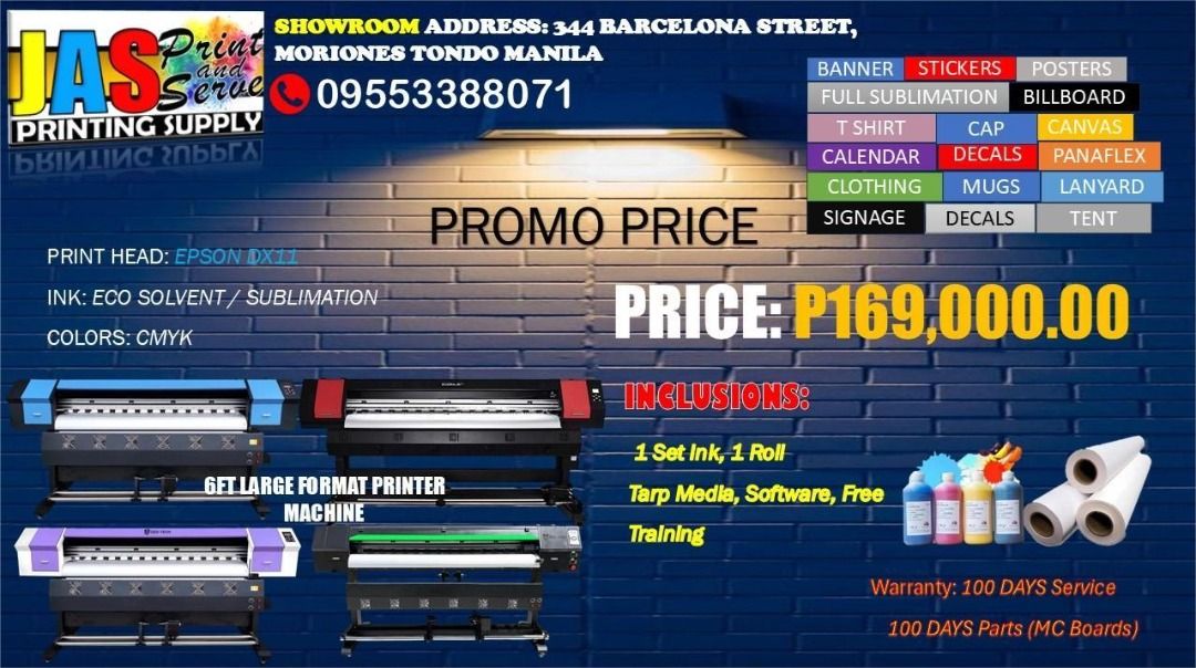 ECO SOLVENT PRINTER MACHINE PACKAGE (Category: Printers, Scanners & Copiers) located in Manila. Submitted by melvinflor41363 (Listing ID 1374788658, Image 1). Description: 🖨️ BRAND NEW PRINTING MACHINES FOR SALE 💰 Price starts at Php 169,000 Top-quality machines for tarpaulin printing, sublimation, DTF, laser cutting, heat press, and more! 📦 Available Machines & Specifications: 🔹 Tarpaulin & Sublimation Printers Models: DX11 Single Head, DX11