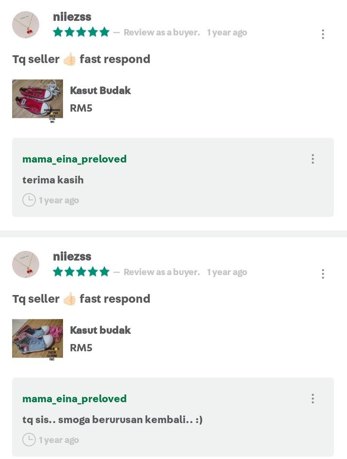 Feedback (Category: Announcements) located in Melaka Tengah. Submitted by mama_eina_preloved_ii (Listing ID 1374857734, Image 1). Description: Boleh scroll utk belek² review dr cust sebelum ini ya.. 😊 terima kasih...