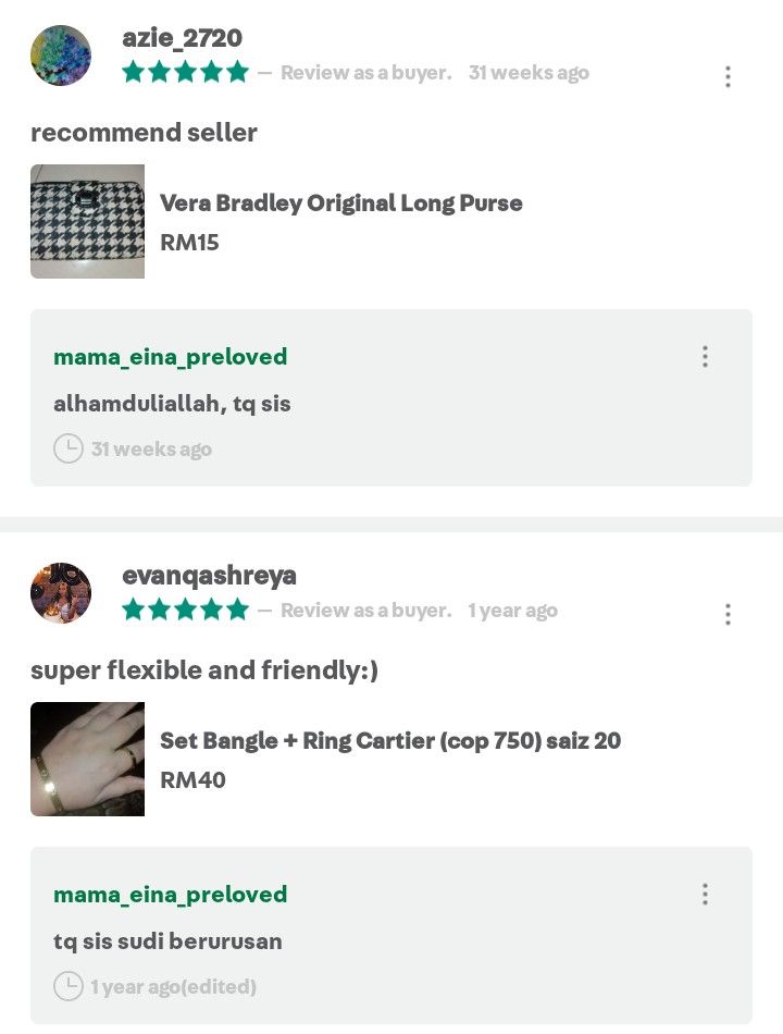 Feedback (Category: Announcements) located in Melaka Tengah. Submitted by mama_eina_preloved_ii (Listing ID 1374857734, Image 3). Description: Boleh scroll utk belek² review dr cust sebelum ini ya.. 😊 terima kasih...