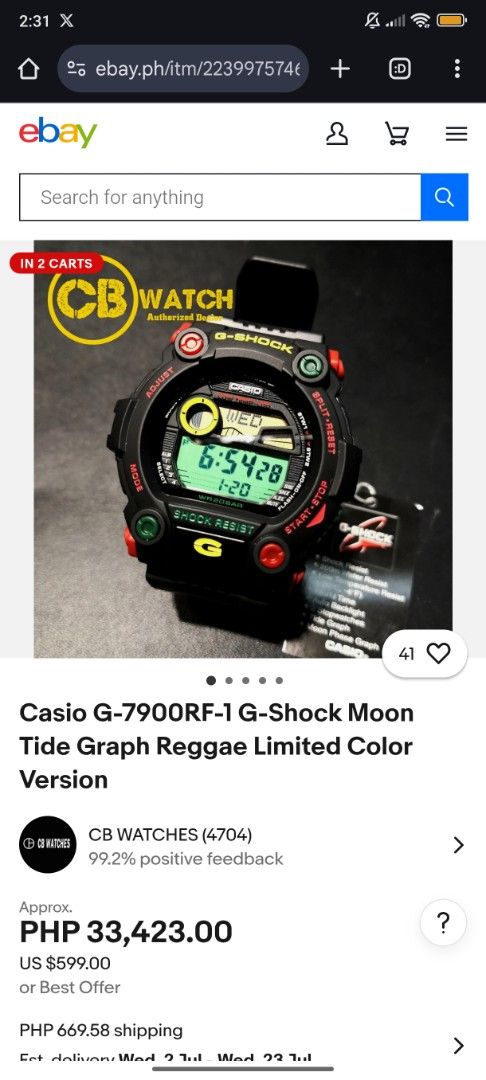 G-7900RF Rastafarian Gshock (very rare) (Category: Men's Watches) located in Quezon City. Submitted by rbdy01 (Listing ID 1374698238, Image 2). Description: For sale! G7900RF Rastafarian model, very rare and hard to find in this condition. mint. complete with original box, tin and papers. mostly kept in the cabinet, rarely ro never used. needs battery replacement. Price: 12,999 (super low than market price) for its rarity LBC or Lalamove or meetu