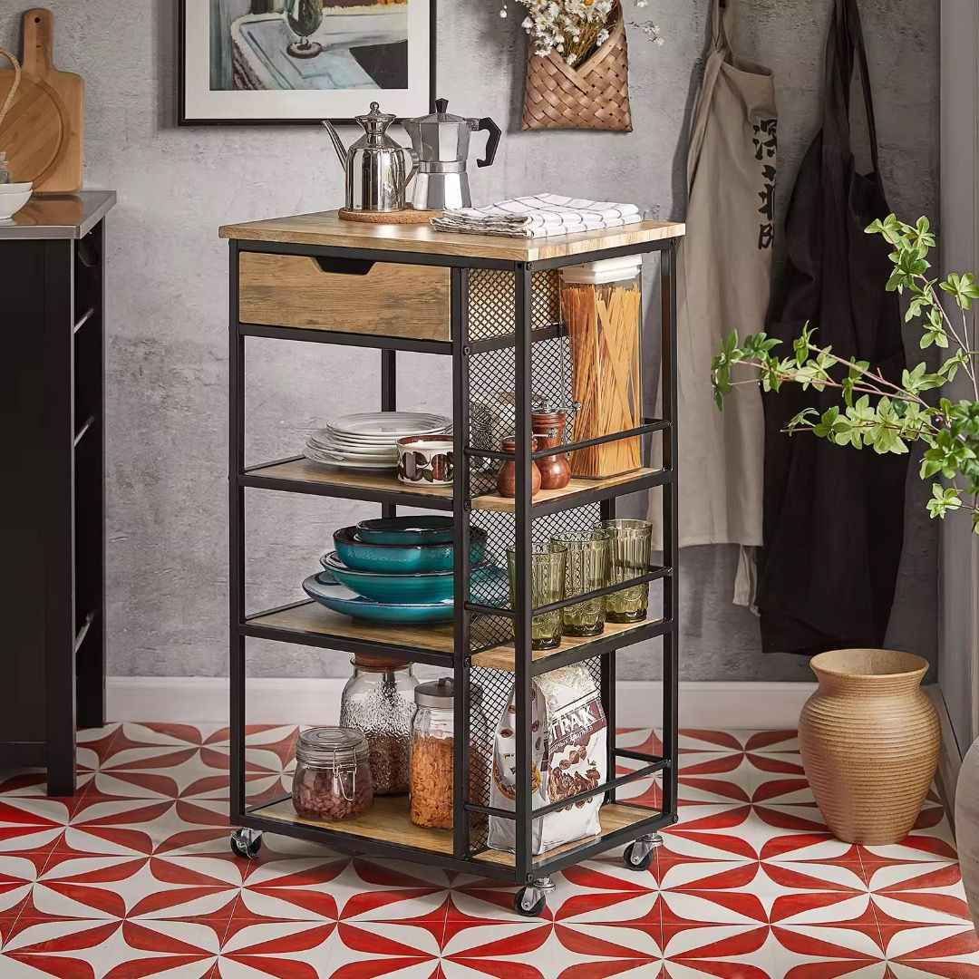 Kitchen Trolley With Drawer | Metal Frame Kitchen Rack | Wooden Rolling ...